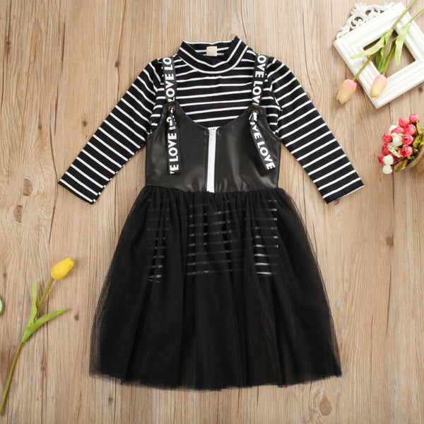 Sleeve Striped Tops+Strap Lace Tulle Dress