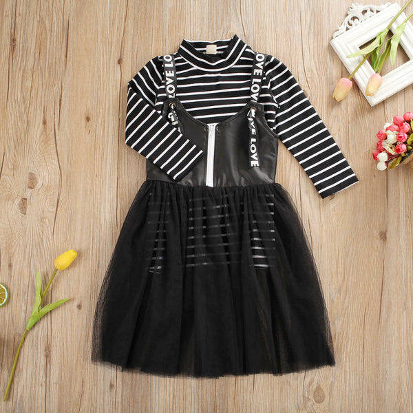 Sleeve Striped Tops+Strap Lace Tulle Dress