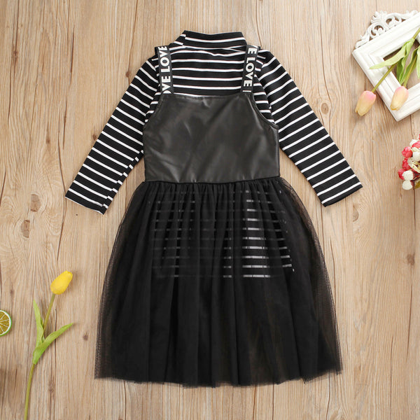 Sleeve Striped Tops+Strap Lace Tulle Dress