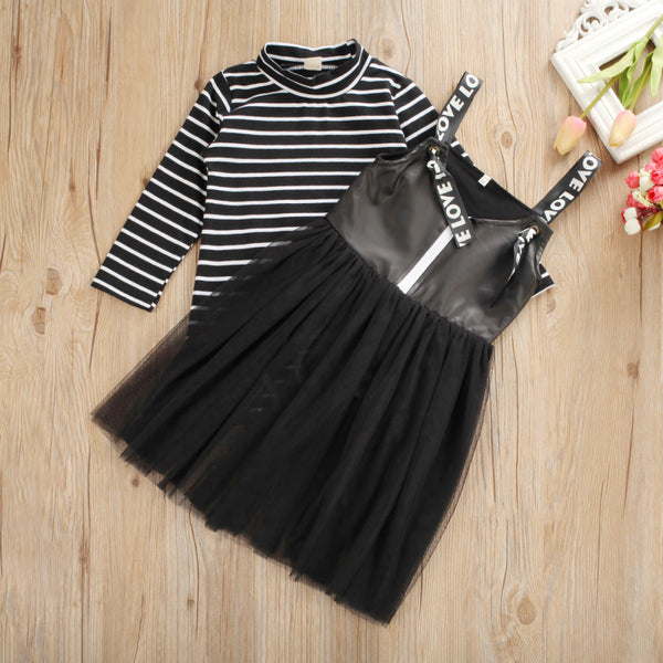 Sleeve Striped Tops+Strap Lace Tulle Dress