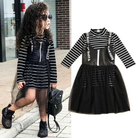 Sleeve Striped Tops+Strap Lace Tulle Dress